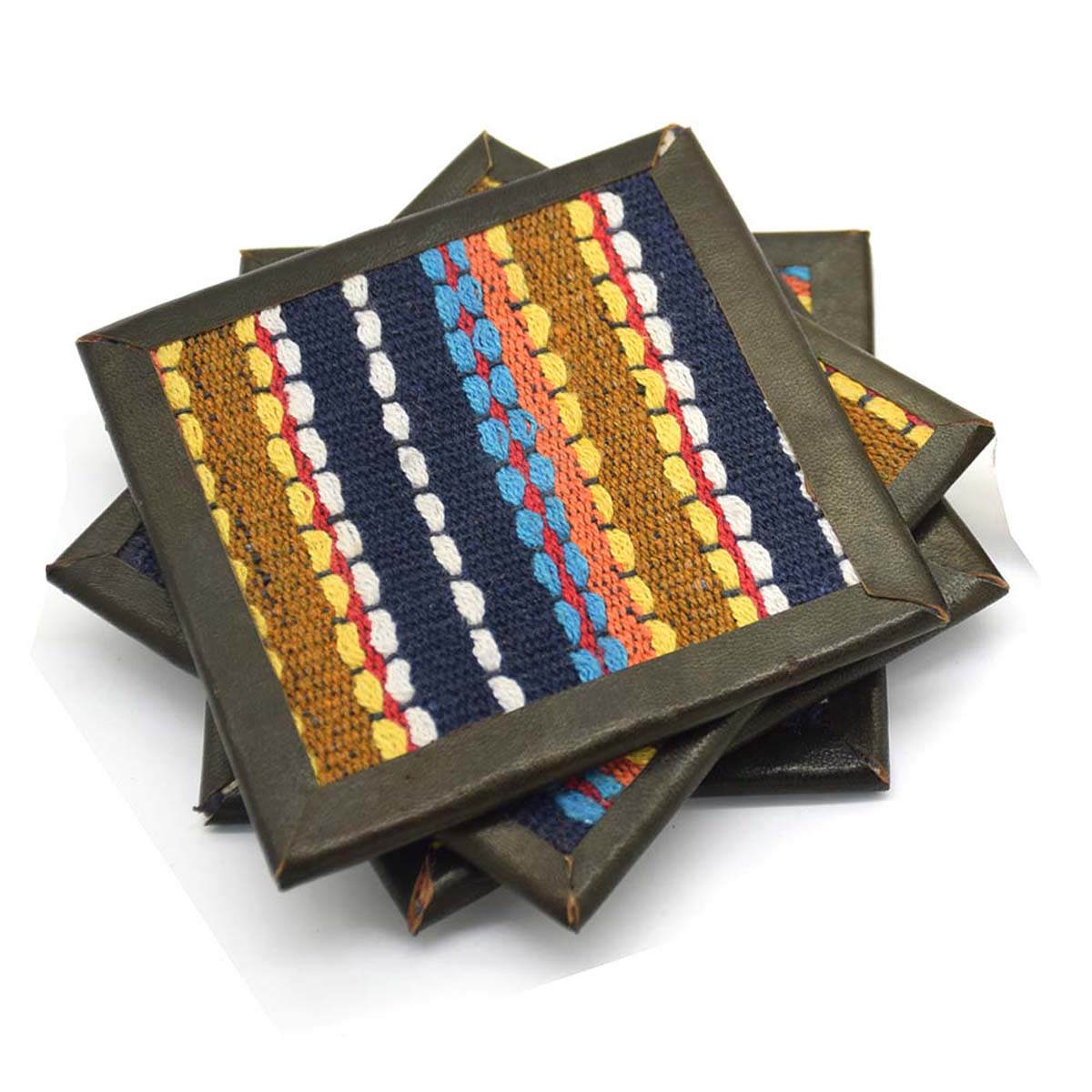 Coaster Sets Wholesale – Set of 4 Square Coasters with Holder – Handmade in Cotton – Multicolored Stripes – Leather Trimmings – Table-Top Accessories 